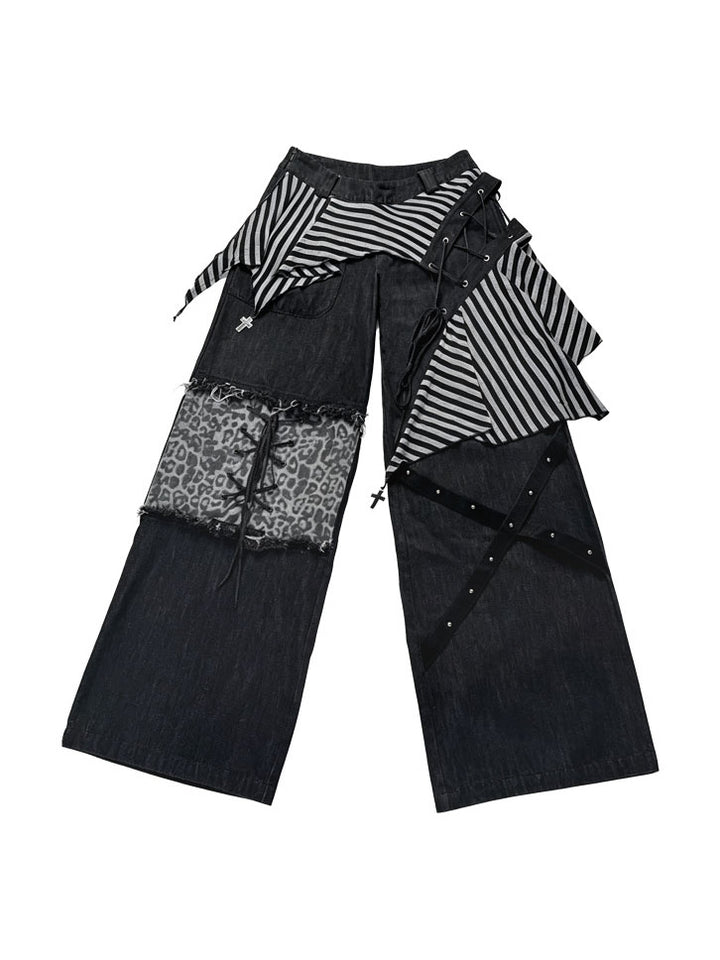 Punk Asymmetric Striped-Panel Wide Leg Jeans