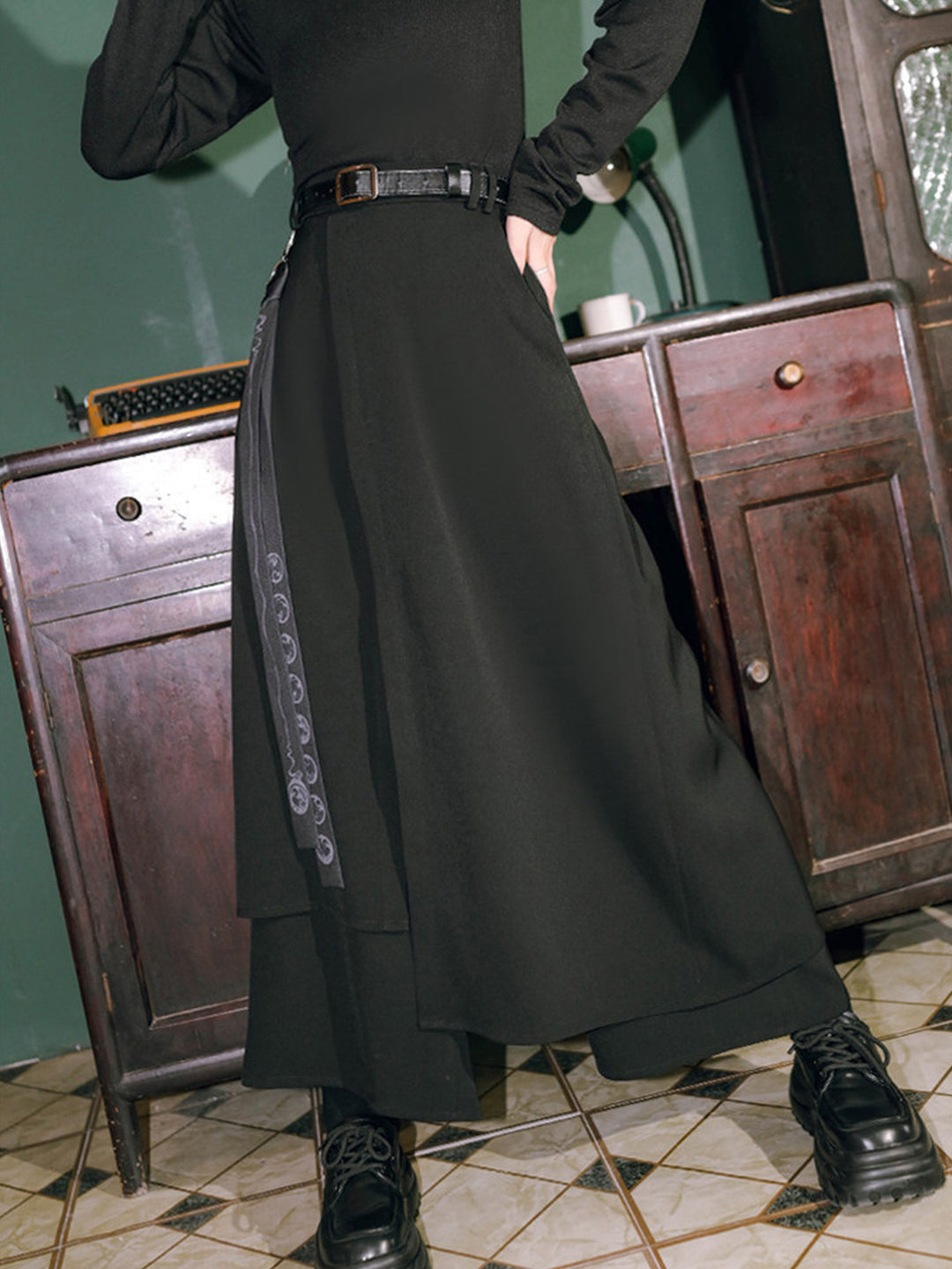 Chinese-Inspired Asymmetric Skirt Pants