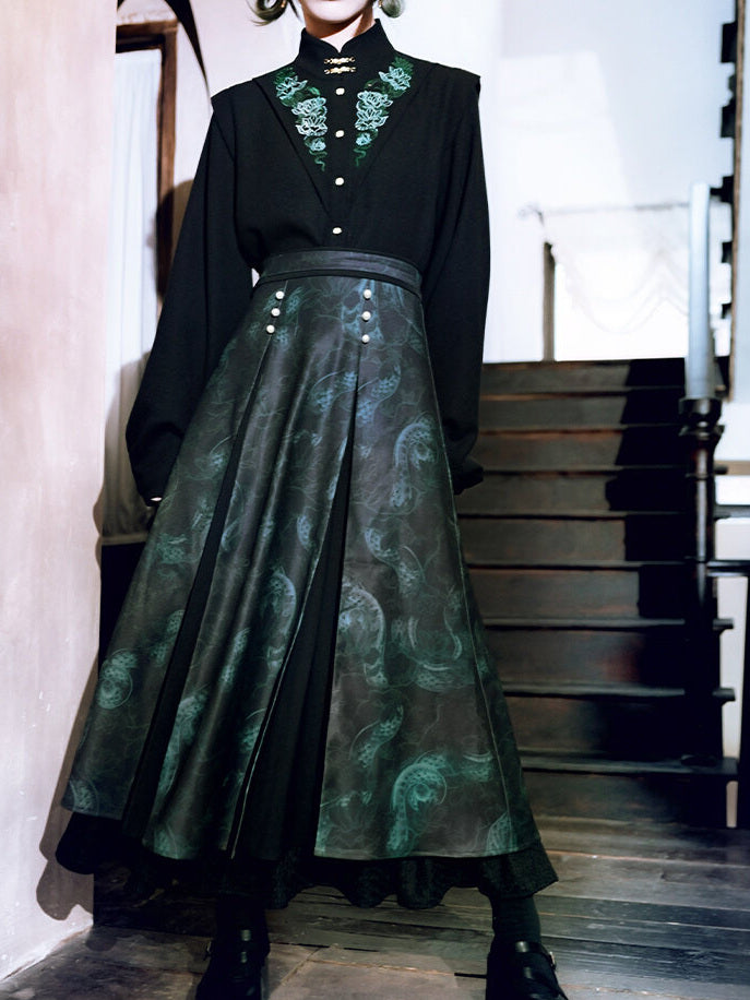 Chinese-Inspired Serpent Print Paneled Maxi Skirt