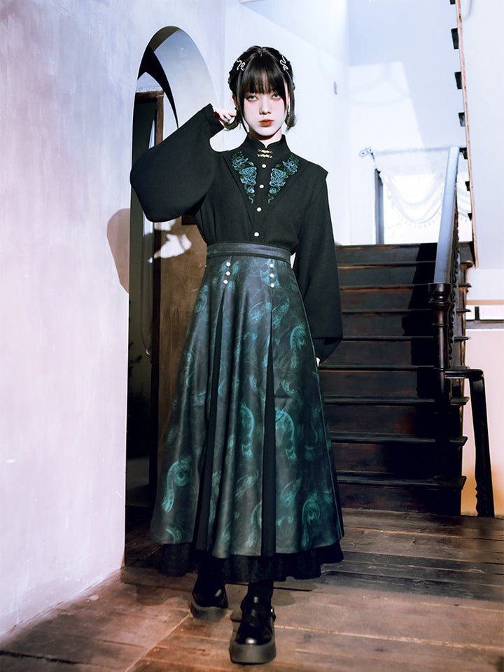 Chinese-Inspired Serpent Print Paneled Maxi Skirt