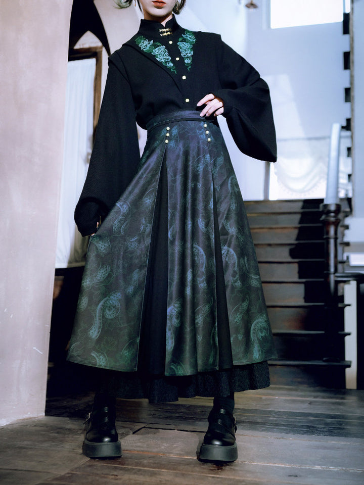 Chinese-Inspired Serpent Print Paneled Maxi Skirt