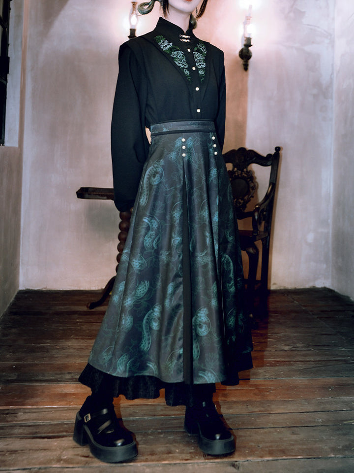 Chinese-Inspired Serpent Print Paneled Maxi Skirt