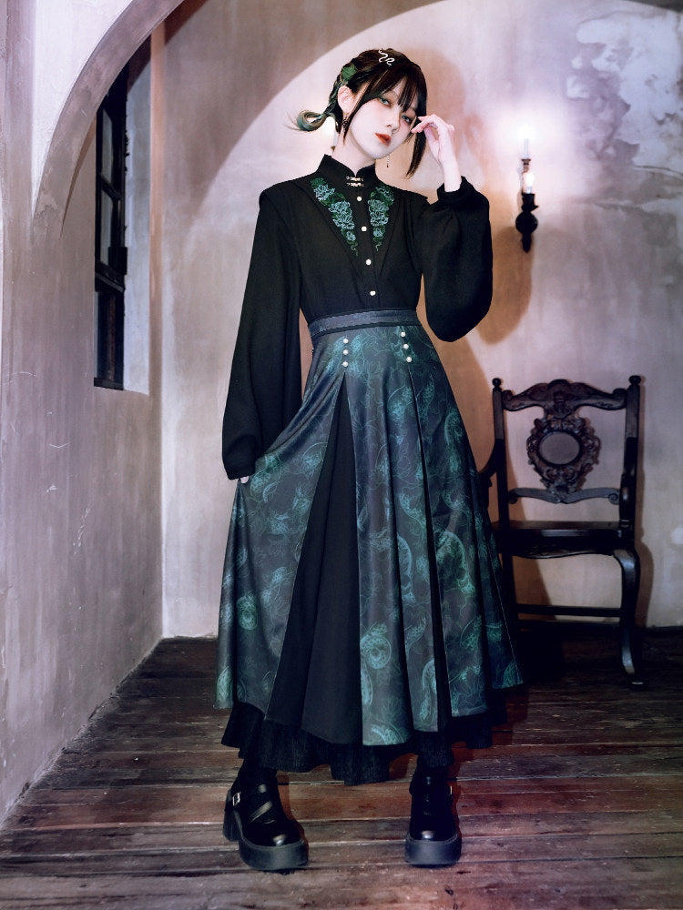 Chinese-Inspired Serpent Print Paneled Maxi Skirt