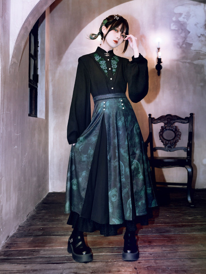 Chinese-Inspired Serpent Print Paneled Maxi Skirt