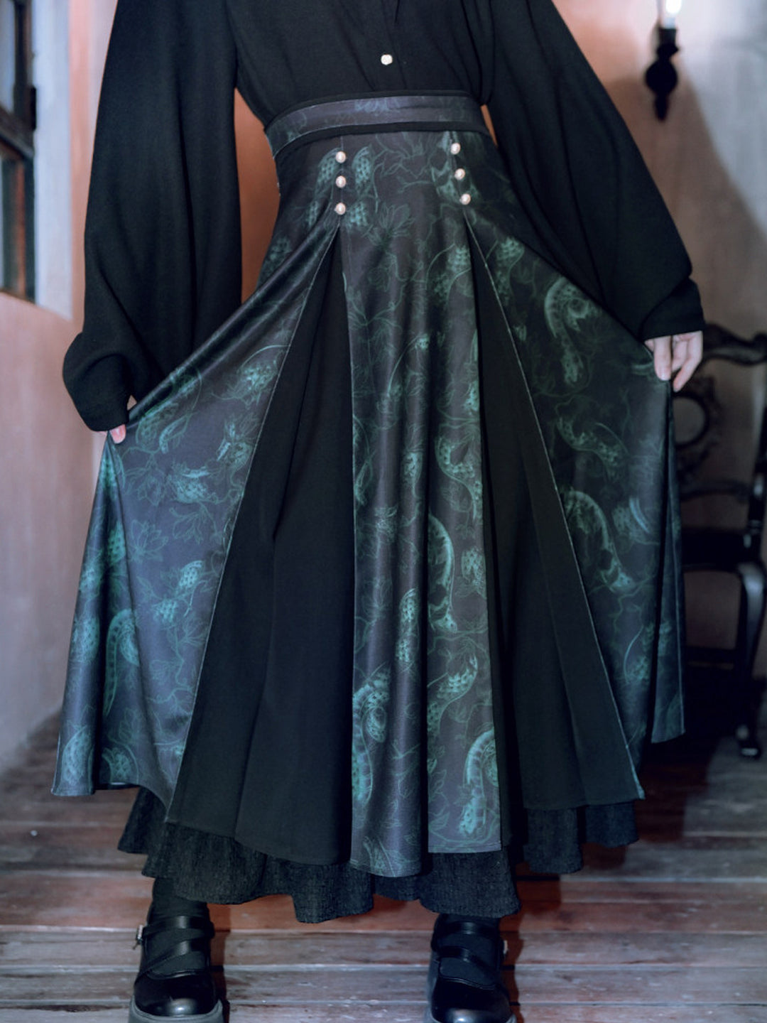 Chinese-Inspired Serpent Print Paneled Maxi Skirt