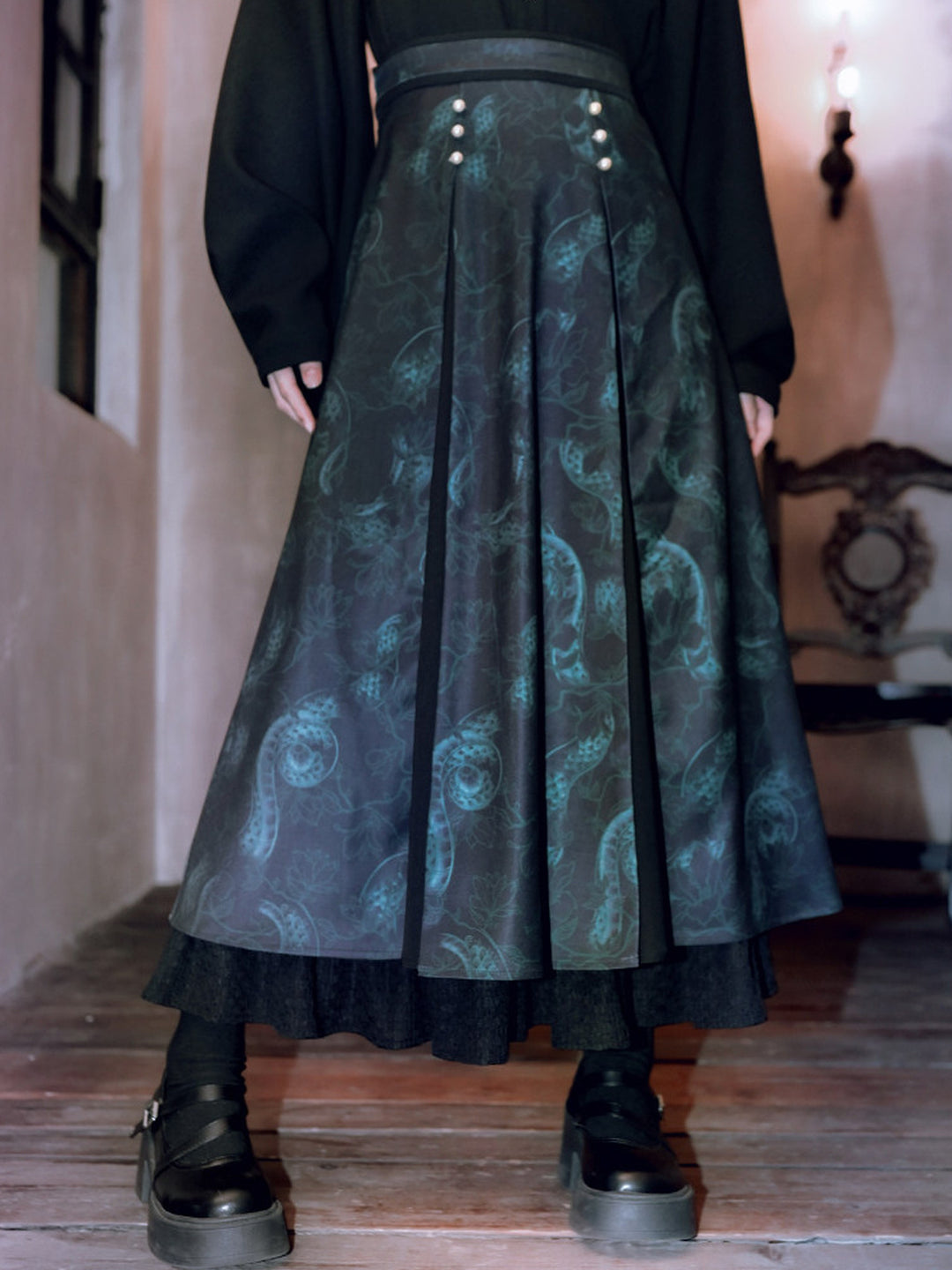 Chinese-Inspired Serpent Print Paneled Maxi Skirt