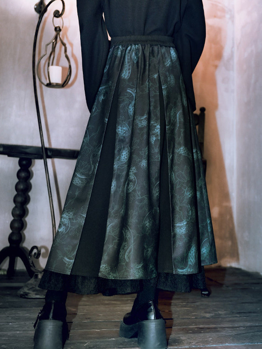 Chinese-Inspired Serpent Print Paneled Maxi Skirt