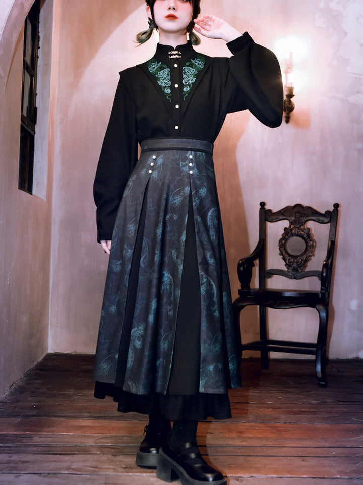Chinese-Inspired Serpent Print Paneled Maxi Skirt