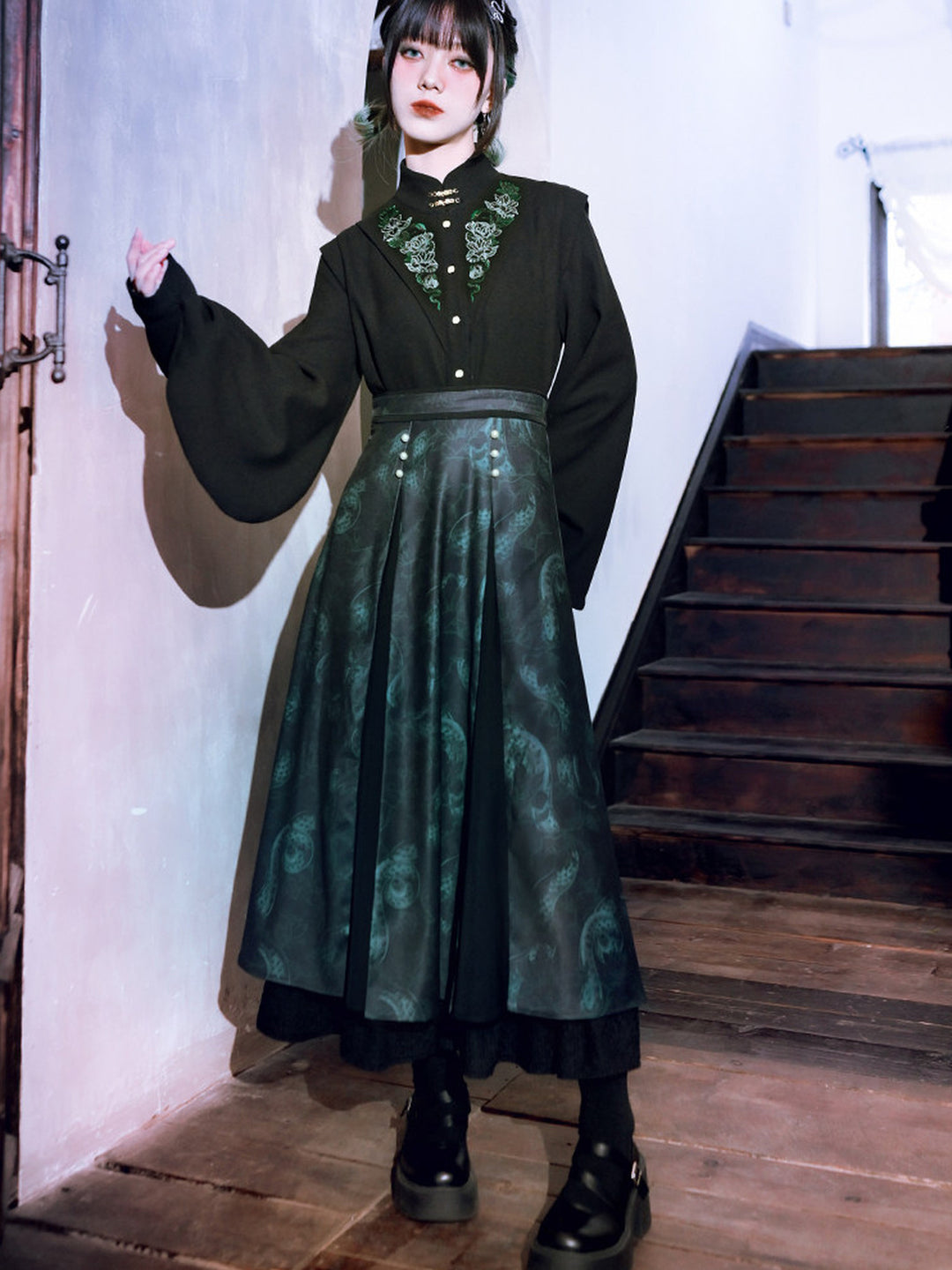 Chinese-Inspired Serpent Print Paneled Maxi Skirt