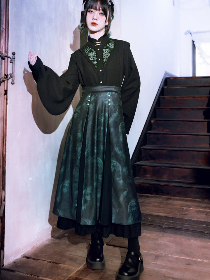 Chinese-Inspired Serpent Print Paneled Maxi Skirt