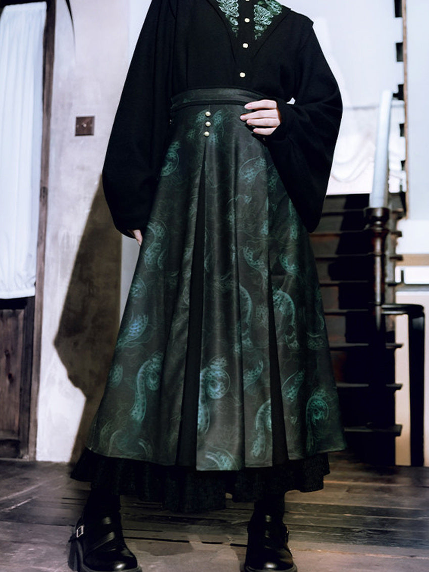 Chinese-Inspired Serpent Print Paneled Maxi Skirt