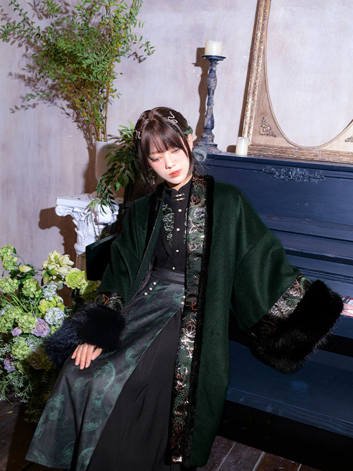 Chinese-Inspired Serpent Print Paneled Maxi Skirt