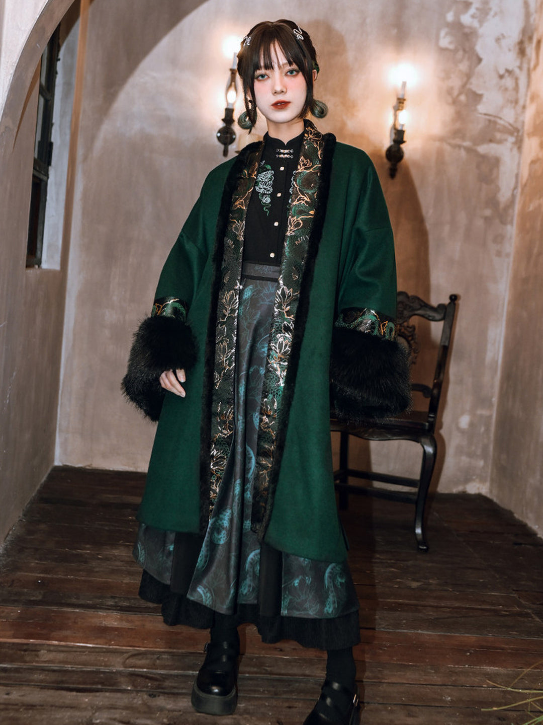 Chinese-Inspired Serpent Print Paneled Maxi Skirt