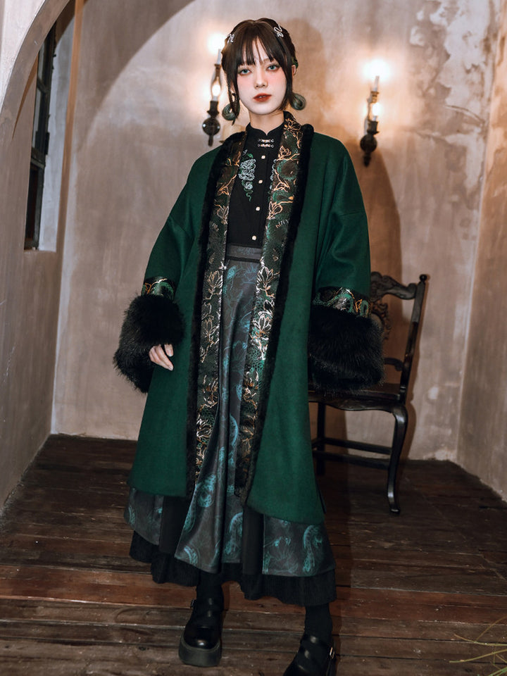 Chinese-Inspired Serpent Print Paneled Maxi Skirt
