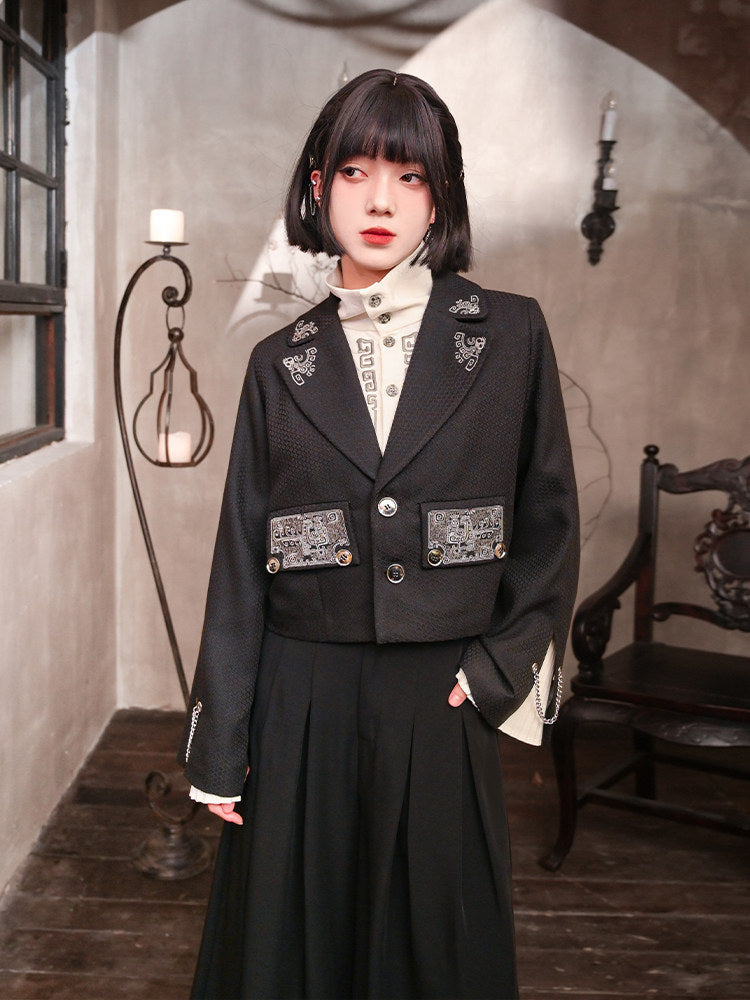 Chinese-Inspired Embroidered Cropped Blazer