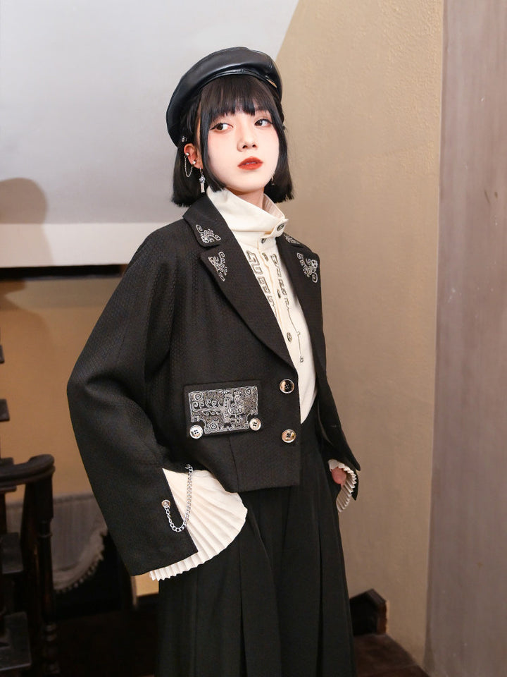 Chinese-Inspired Embroidered Cropped Blazer