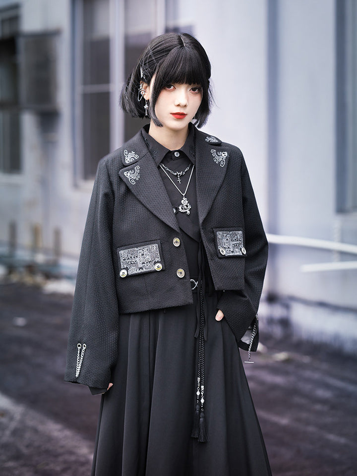 Chinese-Inspired Embroidered Cropped Blazer