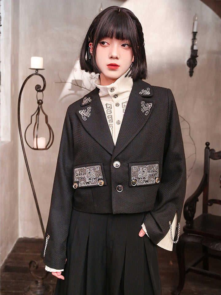 Chinese-Inspired Embroidered Cropped Blazer