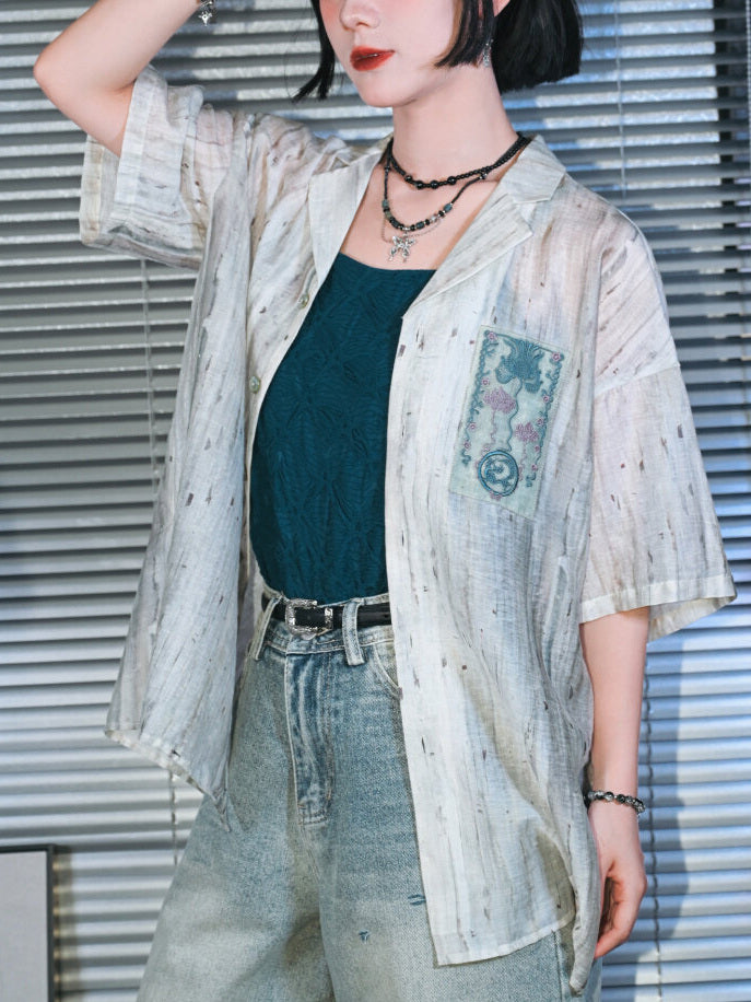 Abstract Print Embroidered Patch Short Sleeve Shirt