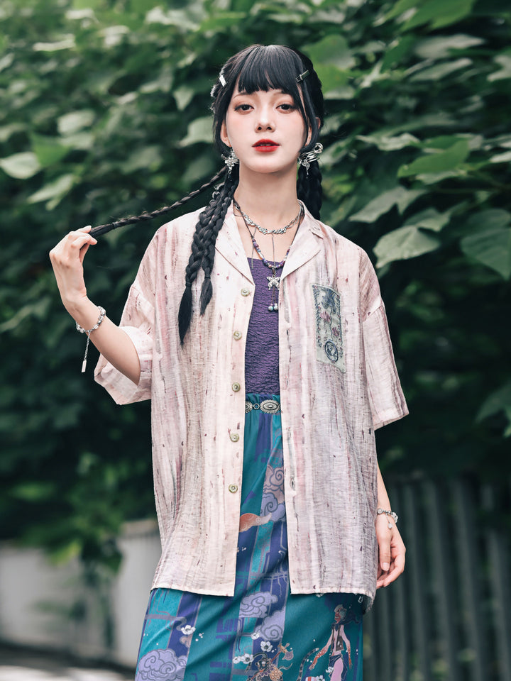 Abstract Print Embroidered Patch Short Sleeve Shirt