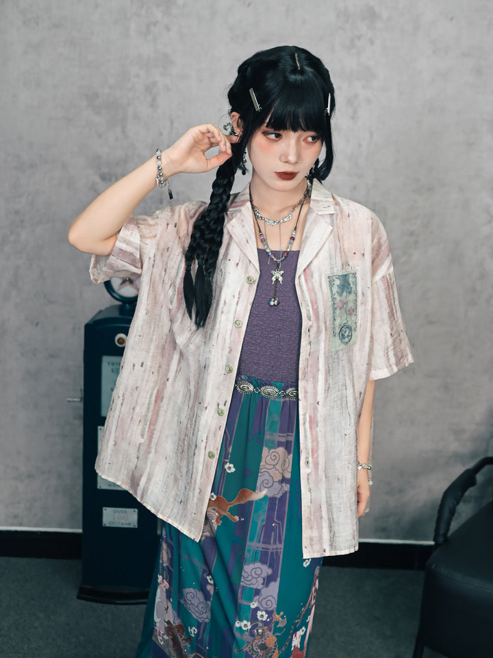 Abstract Print Embroidered Patch Short Sleeve Shirt