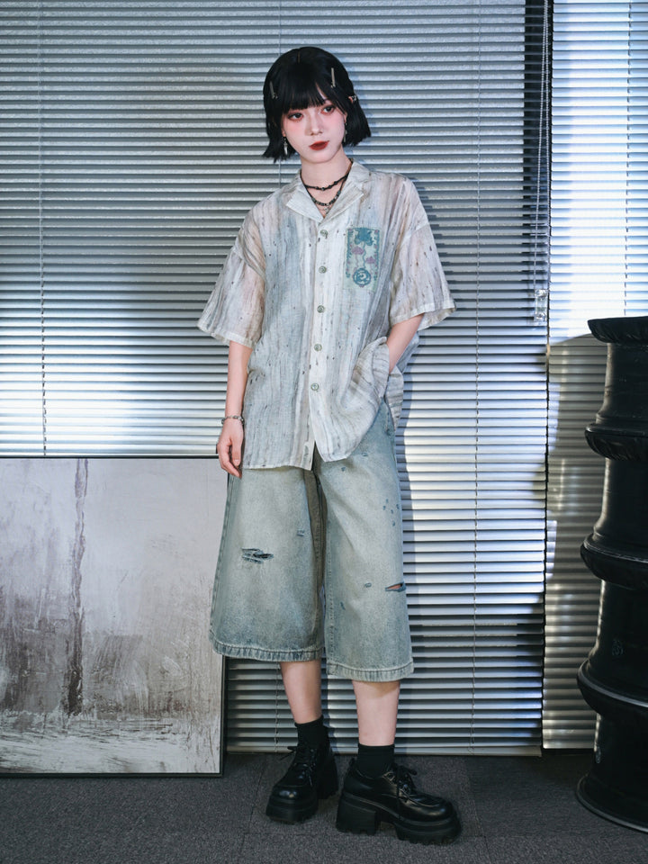 Abstract Print Embroidered Patch Short Sleeve Shirt