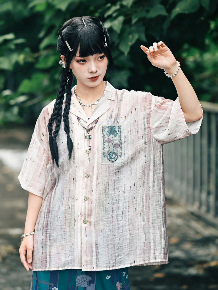Abstract Print Embroidered Patch Short Sleeve Shirt