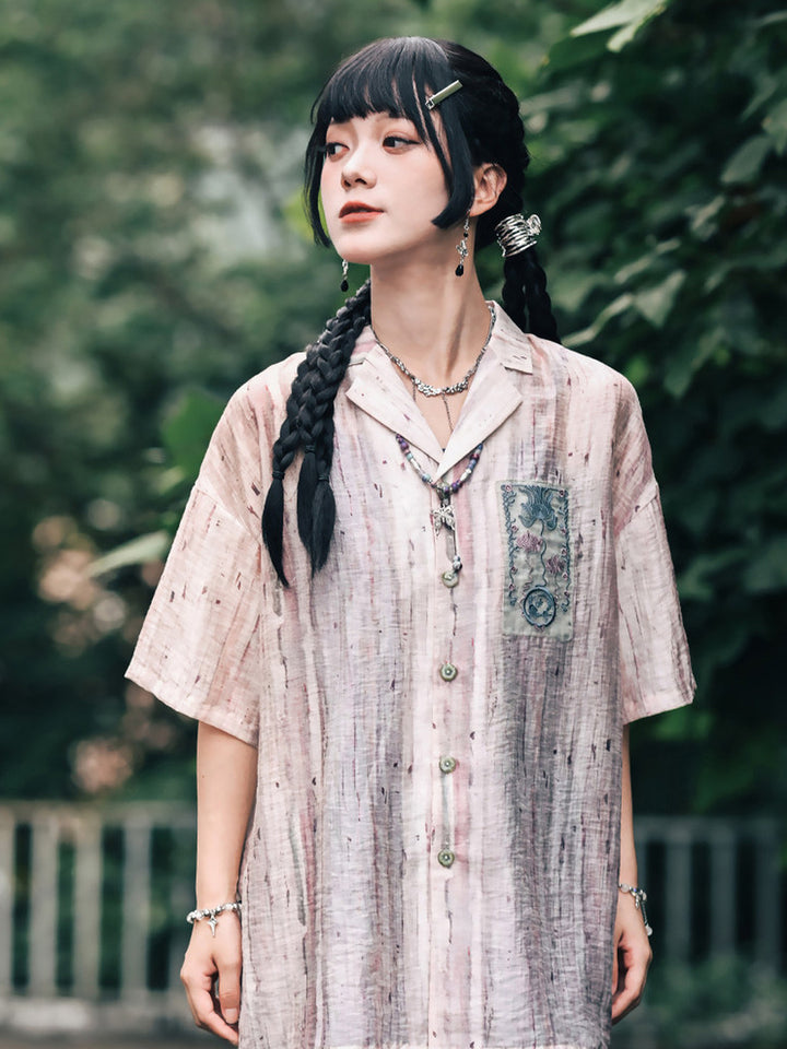 Abstract Print Embroidered Patch Short Sleeve Shirt
