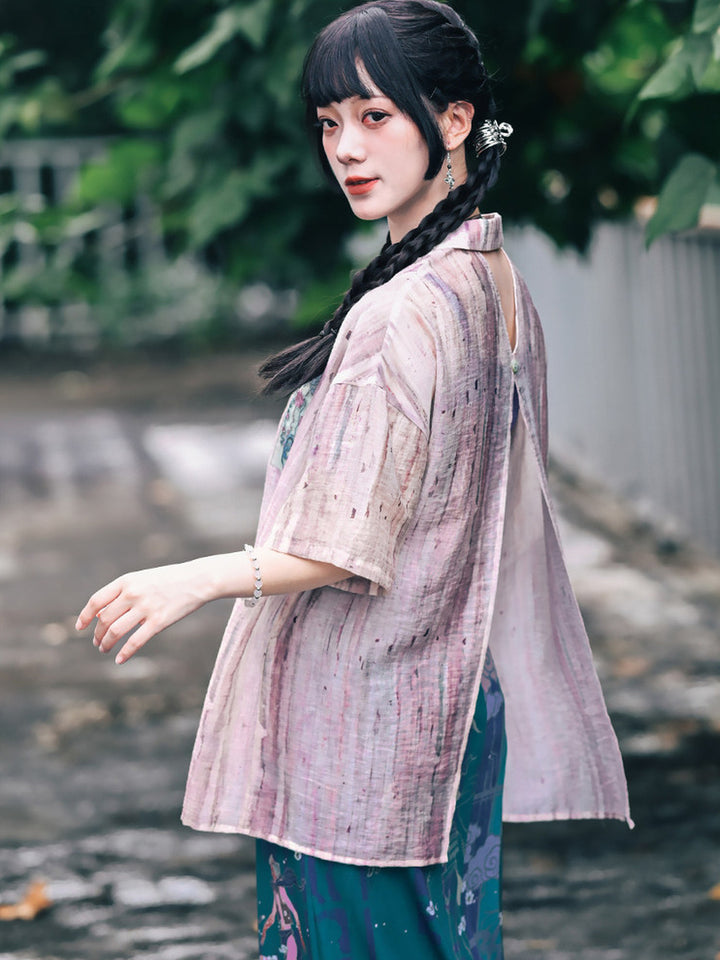 Abstract Print Embroidered Patch Short Sleeve Shirt