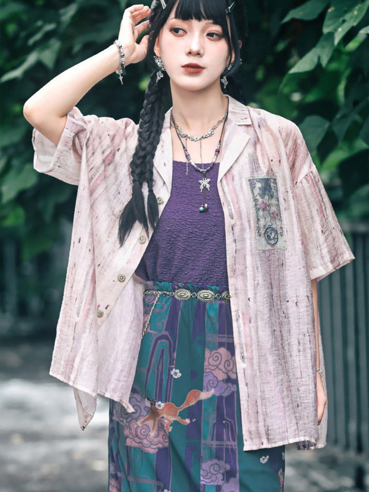 Abstract Print Embroidered Patch Short Sleeve Shirt