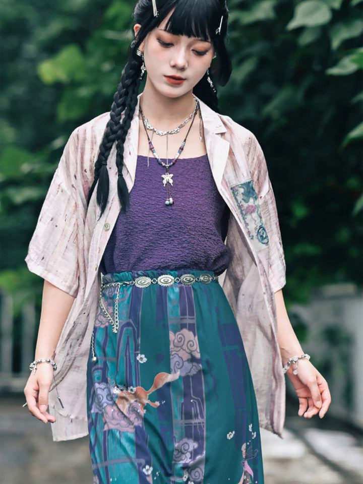 Abstract Print Embroidered Patch Short Sleeve Shirt