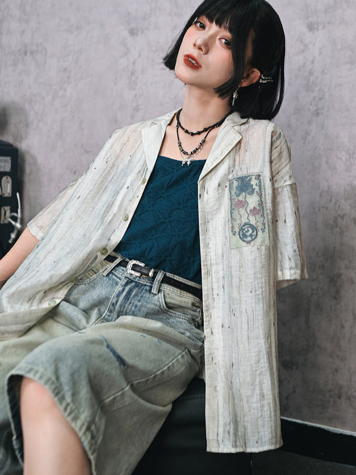 Abstract Print Embroidered Patch Short Sleeve Shirt