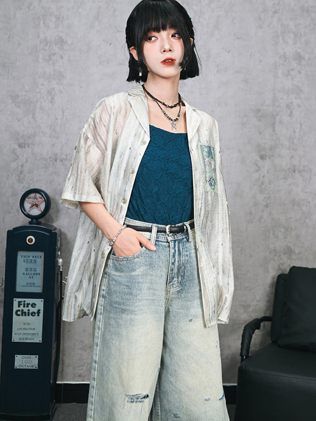 Abstract Print Embroidered Patch Short Sleeve Shirt
