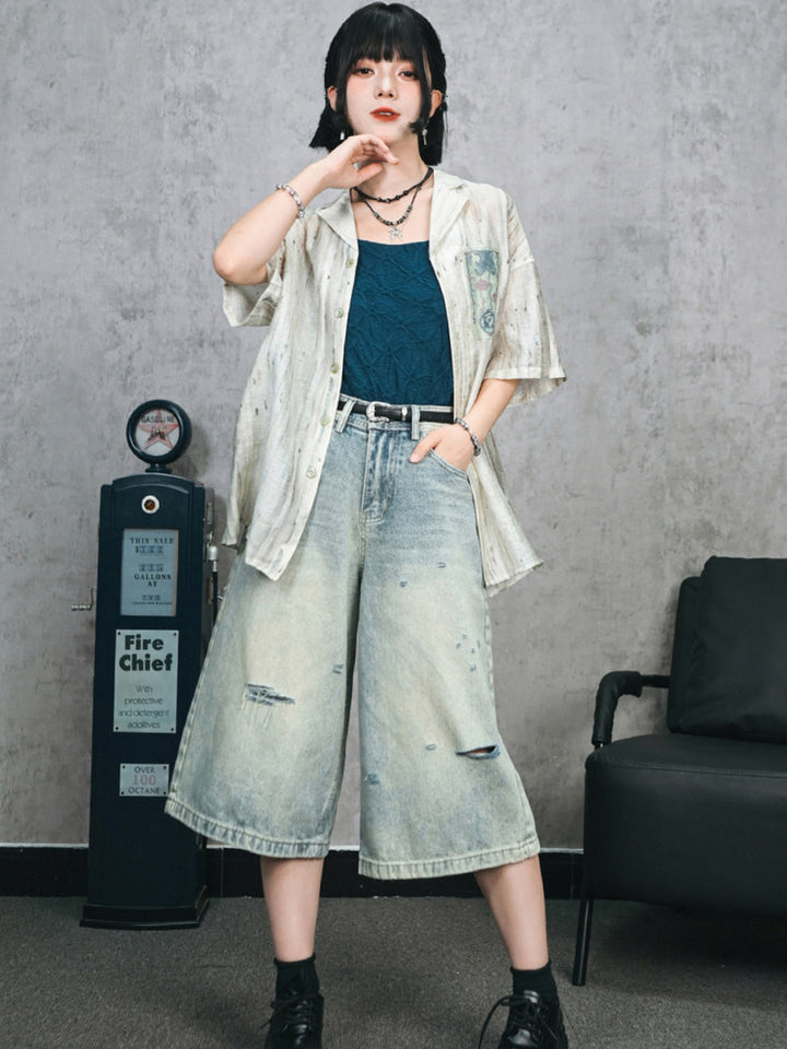 Abstract Print Embroidered Patch Short Sleeve Shirt