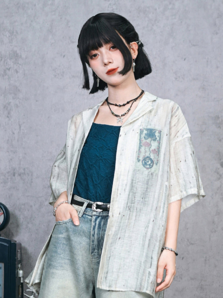 Abstract Print Embroidered Patch Short Sleeve Shirt