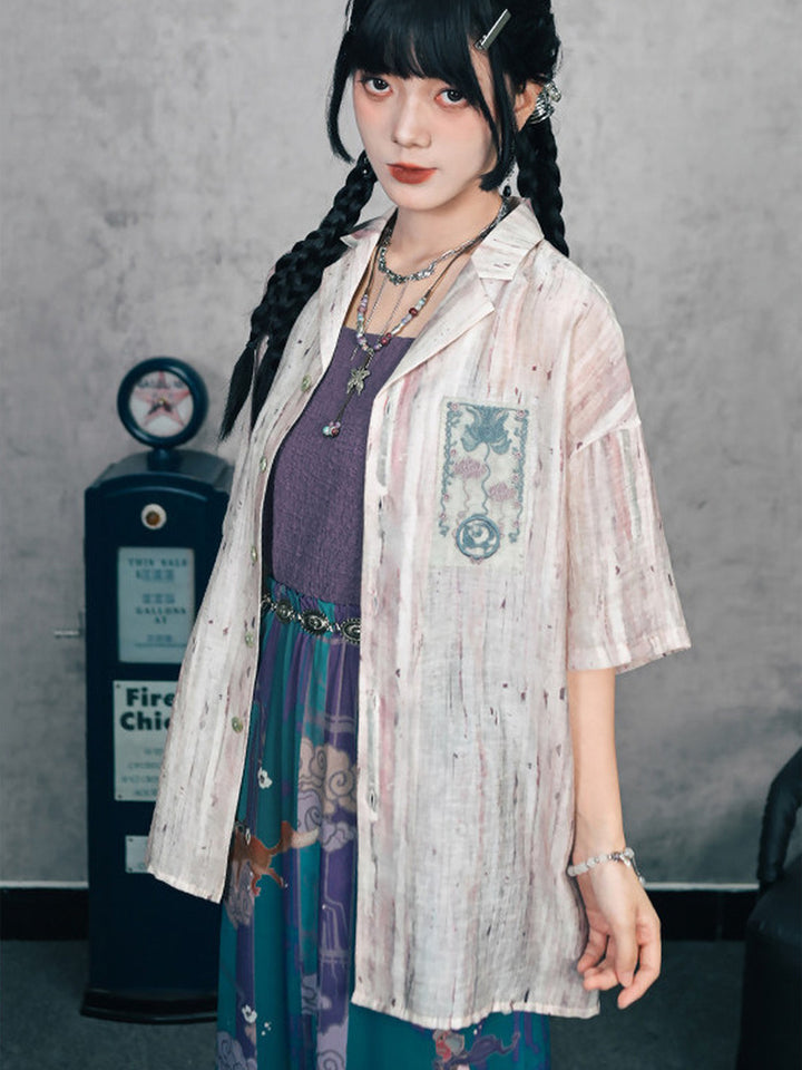 Abstract Print Embroidered Patch Short Sleeve Shirt