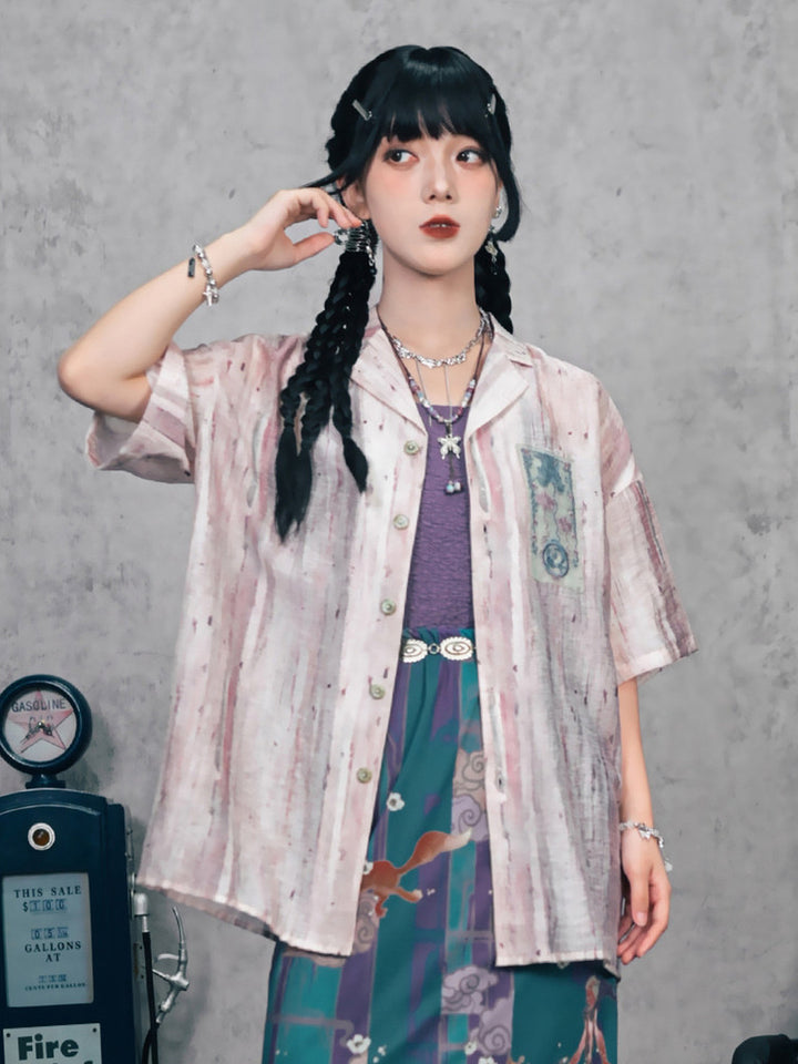 Abstract Print Embroidered Patch Short Sleeve Shirt