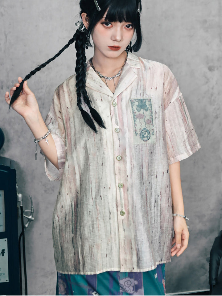 Abstract Print Embroidered Patch Short Sleeve Shirt