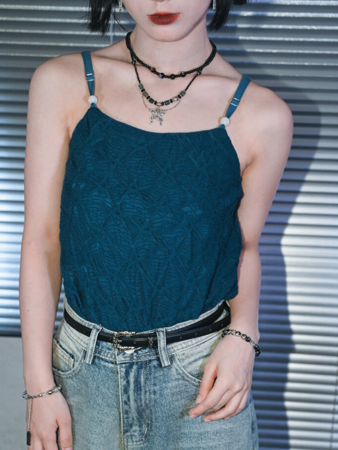 Green Textured Camisole Tank Top with Bead Accents