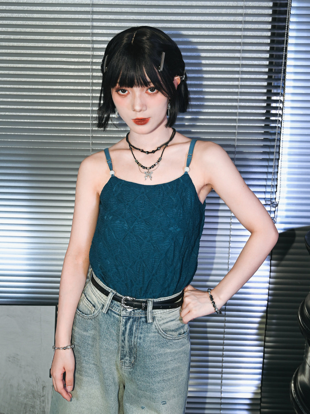 Green Textured Camisole Tank Top with Bead Accents