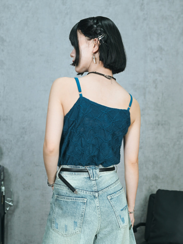 Green Textured Camisole Tank Top with Bead Accents
