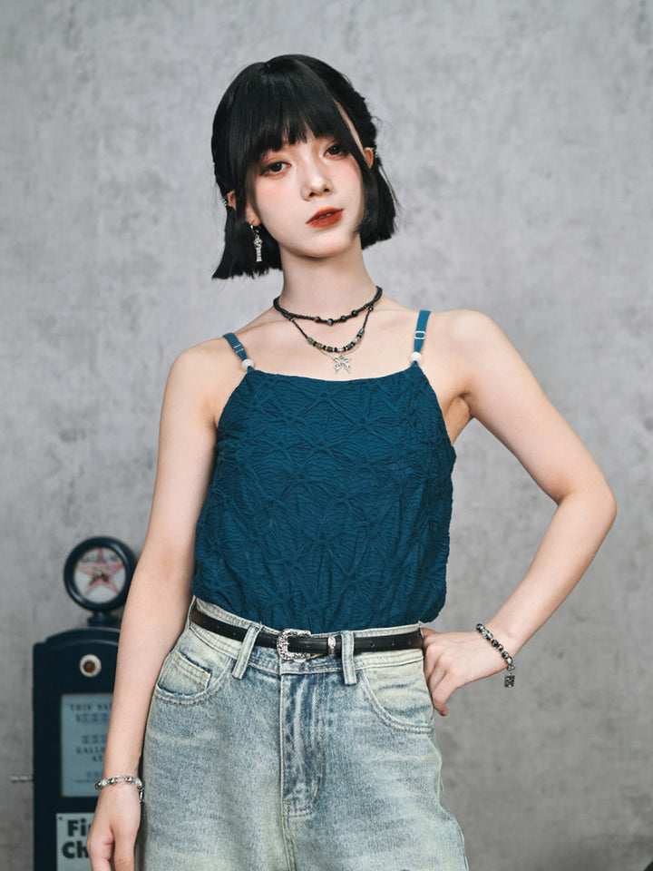 Green Textured Camisole Tank Top with Bead Accents