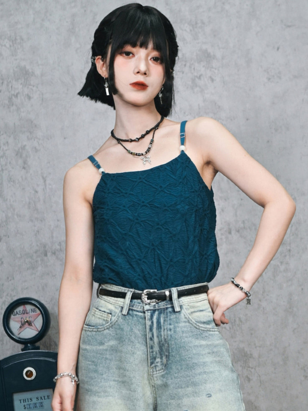Green Textured Camisole Tank Top with Bead Accents