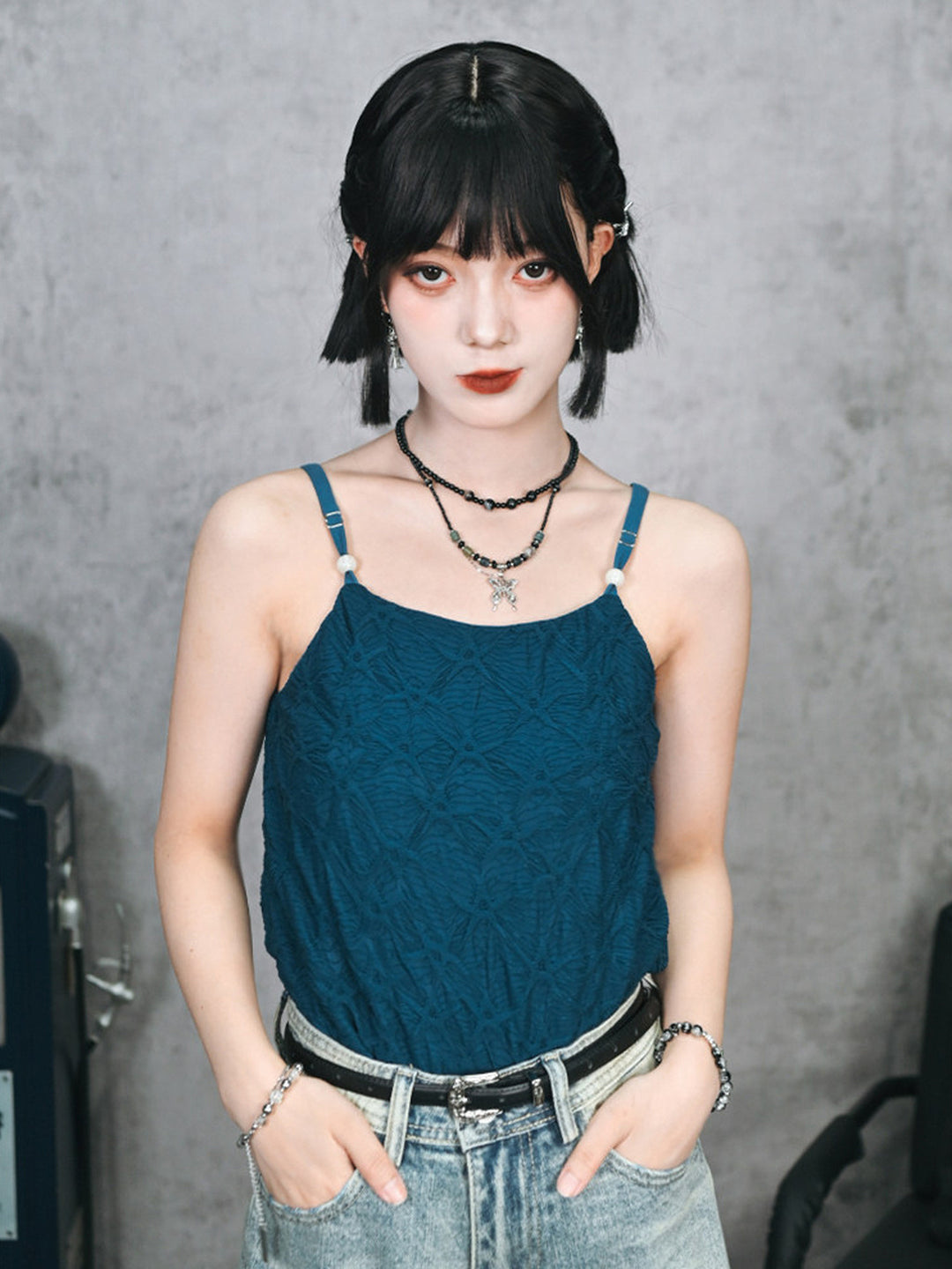 Green Textured Camisole Tank Top with Bead Accents