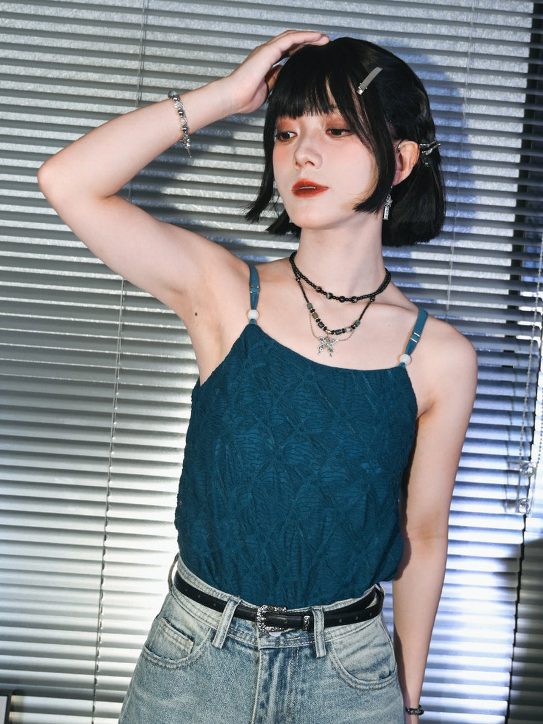 Green Textured Camisole Tank Top with Bead Accents