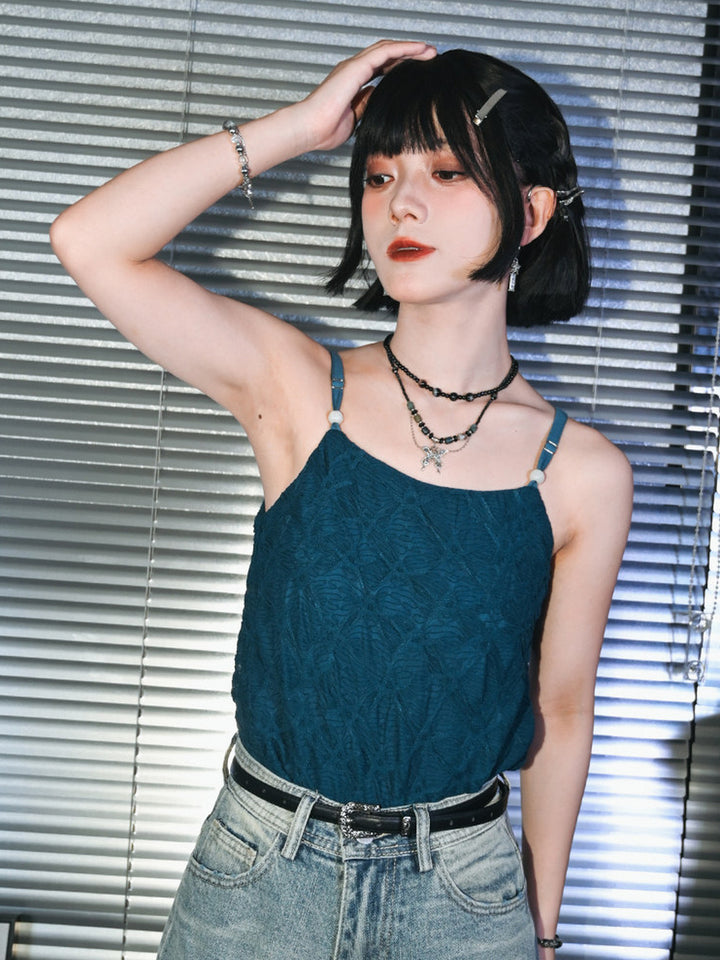 Green Textured Camisole Tank Top with Bead Accents
