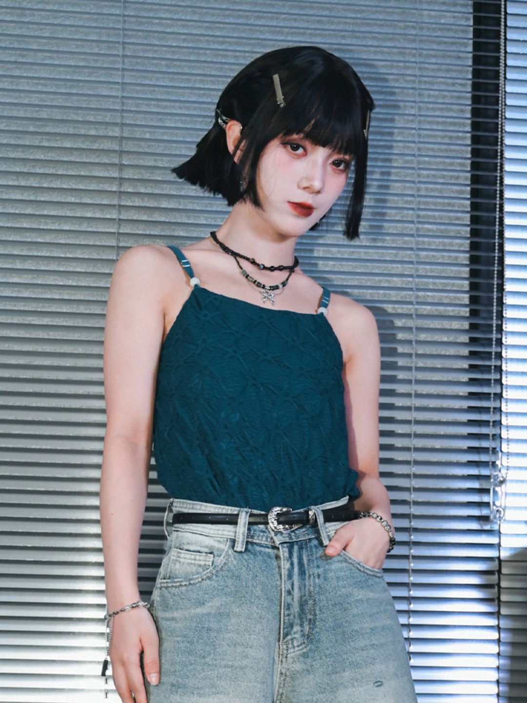Green Textured Camisole Tank Top with Bead Accents