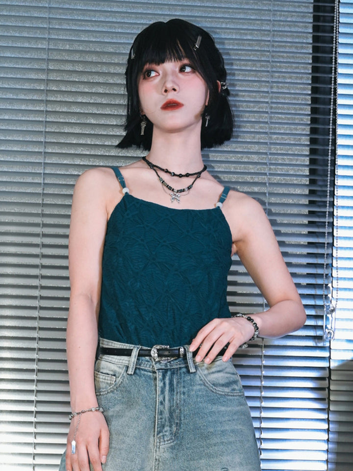 Green Textured Camisole Tank Top with Bead Accents