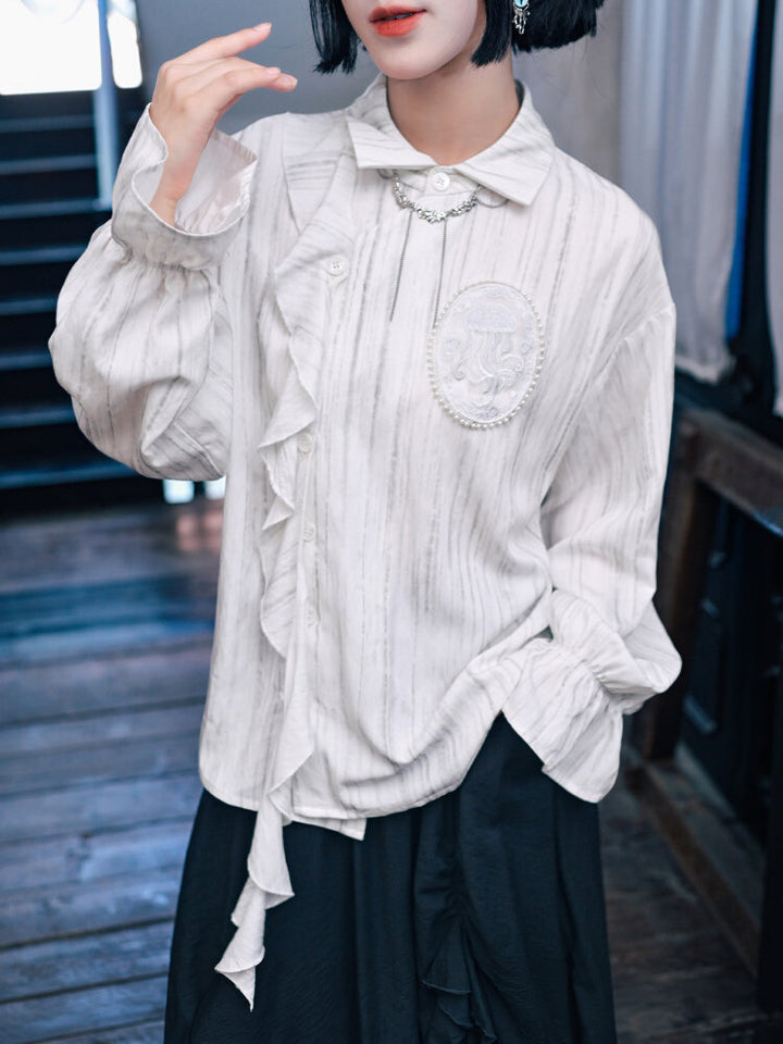 Jellyfish Embroidered Asymmetric Ruffle Shirt