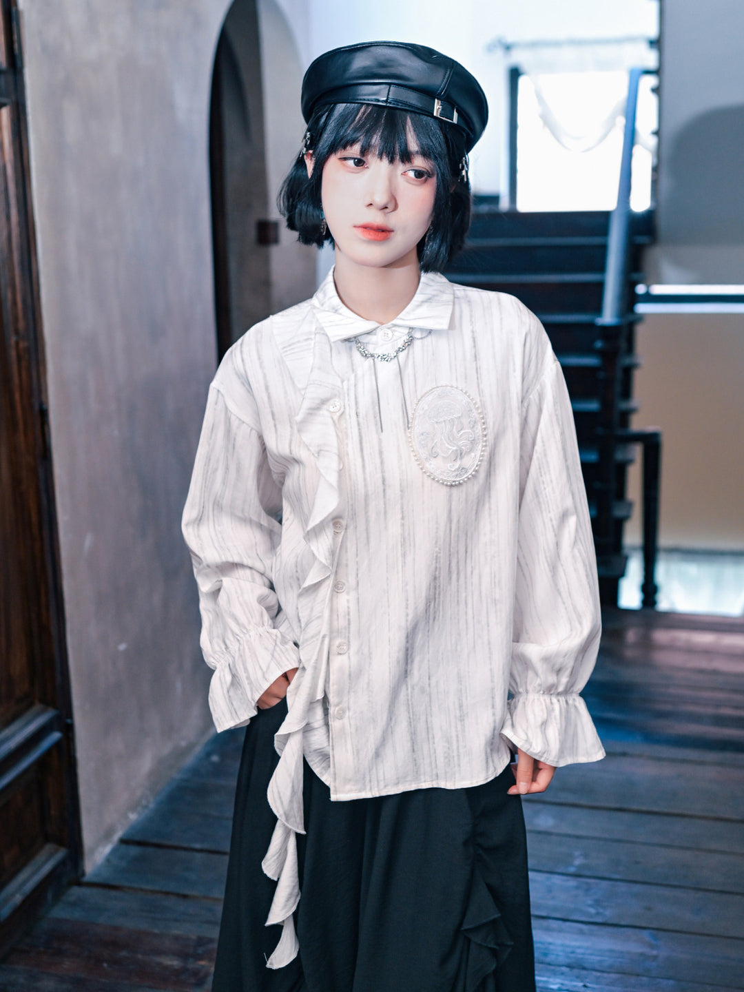 Jellyfish Embroidered Asymmetric Ruffle Shirt
